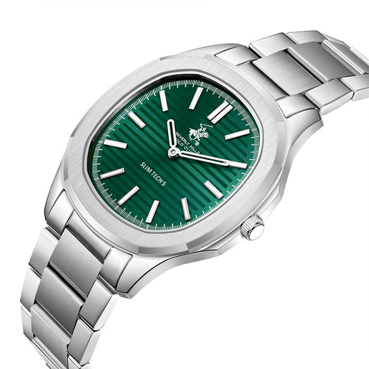 Beverly Hills Polo Club Men's Analog Watch with Dark Green Dial and Silver Stainless Steel Band, BP3906X.370