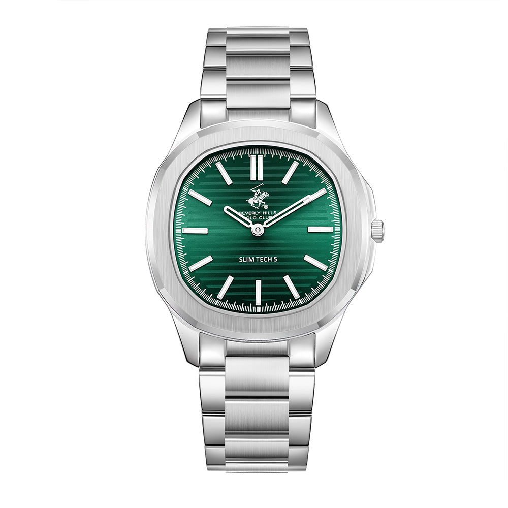 Beverly Hills Polo Club Men's Analog Watch with Dark Green Dial and Silver Stainless Steel Band, BP3906X.370