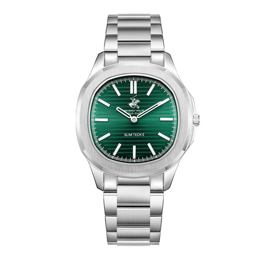 Beverly Hills Polo Club Men's Analog Watch with Dark Green Dial and Silver Stainless Steel Band, BP3906X.370