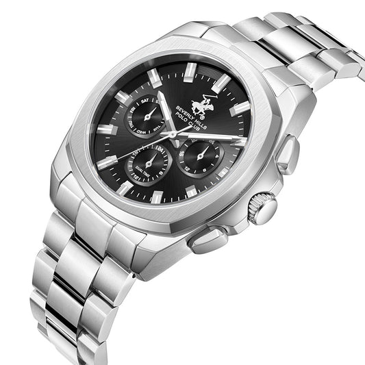 Beverly Hills Polo Club Men's Multifunction Watch with Gunmetal Black Dial and Silver Stainless Steel Band, BP3907X.350