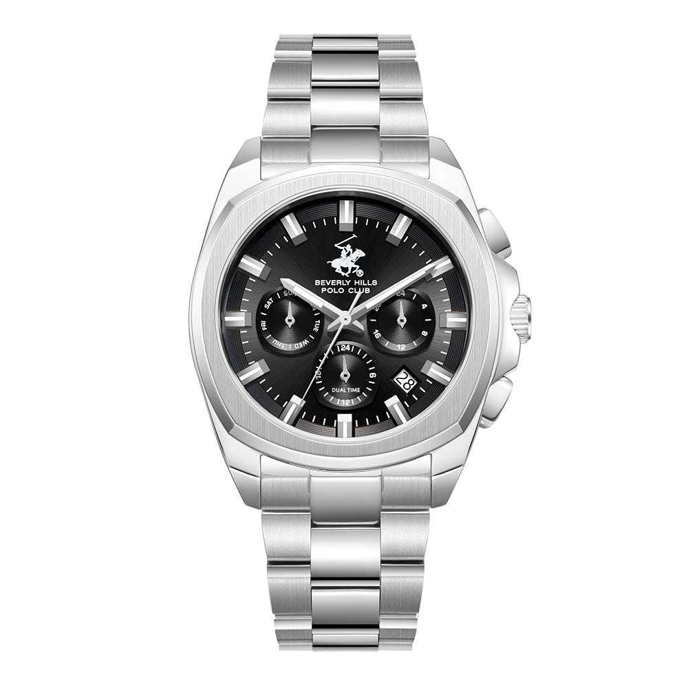 Beverly Hills Polo Club Men's Multifunction Watch with Gunmetal Black Dial and Silver Stainless Steel Band, BP3907X.350