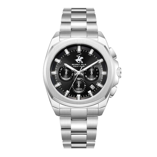 Beverly Hills Polo Club Men's Multifunction Watch with Gunmetal Black Dial and Silver Stainless Steel Band, BP3907X.350
