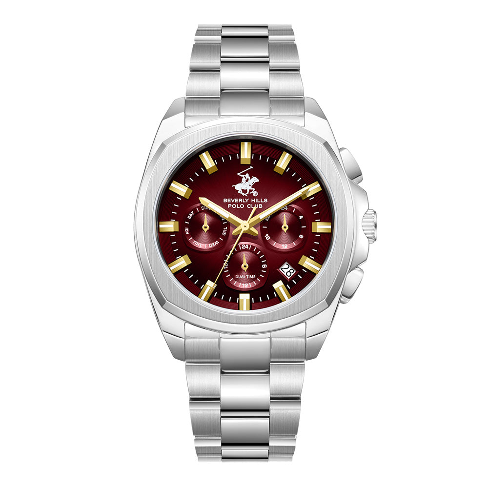 Beverly Hills Polo Club Men's Analog Watch with Red Dial and Silver Stainless Steel Band, BP3907X.380