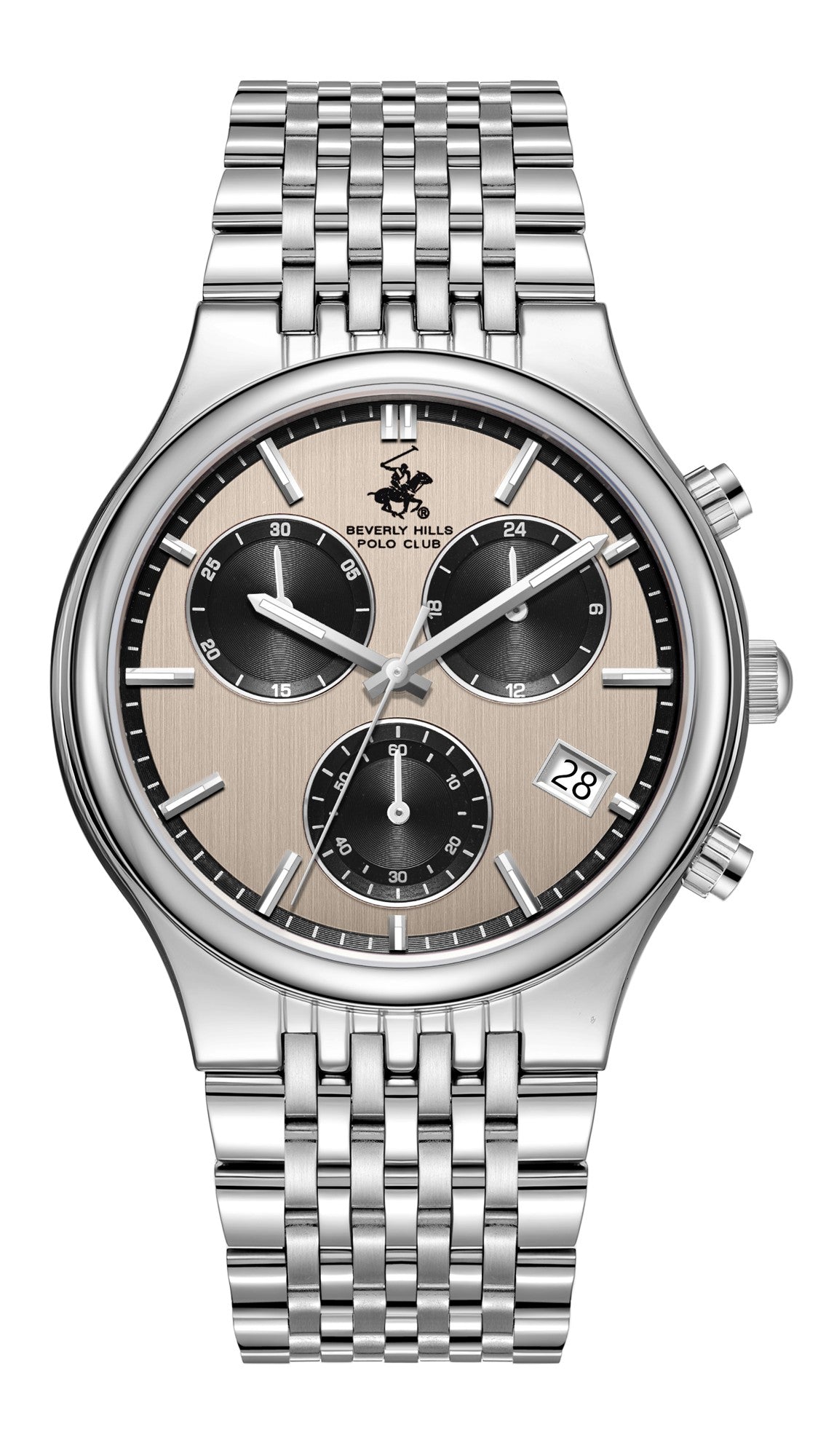Beverly Hills Polo Club Men's Multifunction Watch with Beige Dial and Silver Stainless Steel Band, BP3909X.340