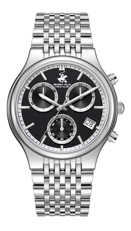 Beverly Hills Polo Club Men's Multifunction Watch with Black Dial and Silver Stainless Steel Band, BP3909X.350