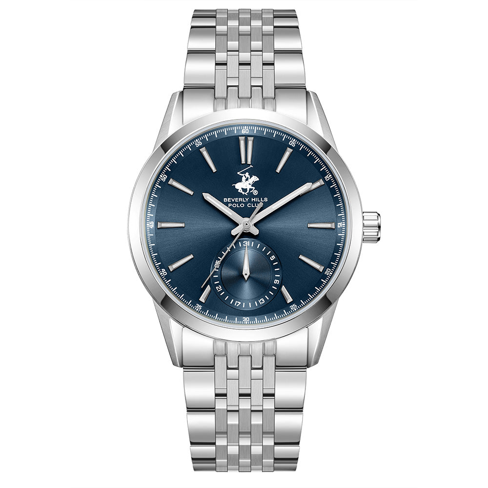 Beverly Hills Polo Club Men's Multifunction Watch with Dark Blue Dial and Silver Stainless Steel Band, BP3913X.390
