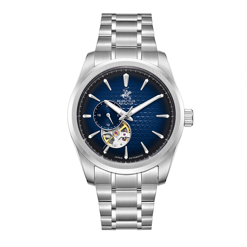 Beverly Hills Polo Club Men's Automatic Watch with Dark Blue Dial and Silver Stainless Steel Band, BP3915X.390