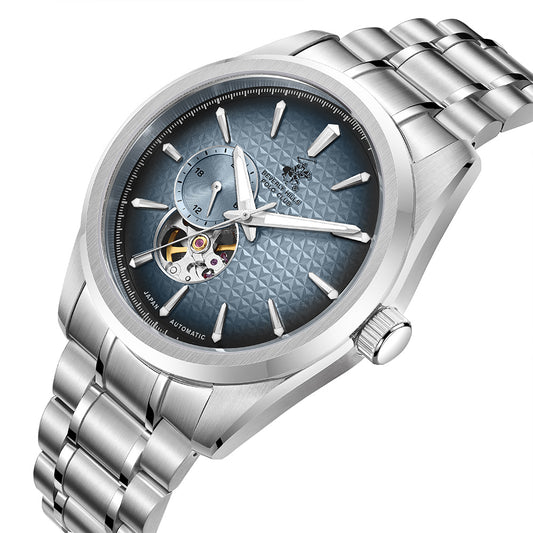 Beverly Hills Polo Club Men's Automatic Watch with Dark Blue Dial and Silver Stainless Steel Band, BP3915X.391