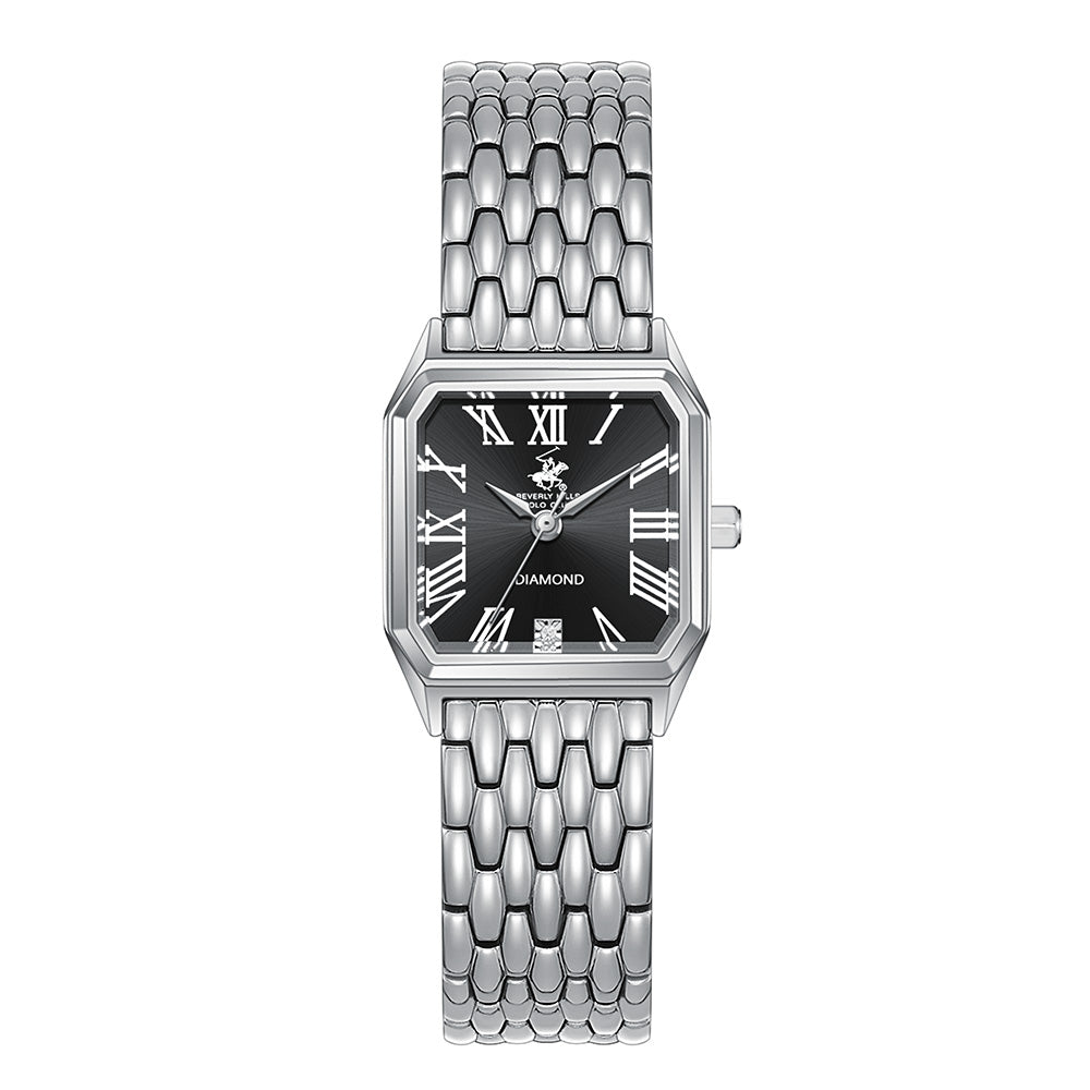 Beverly Hills Polo Club Women's Diamond Accent Analog Watch with Black Dial and Silver Stainless Steel Band, BP3916C.350