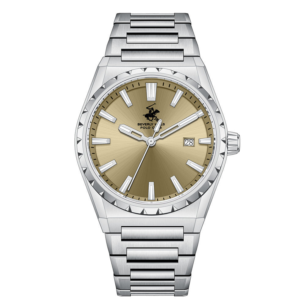 Beverly Hills Polo Club Men's Date Analog Watch with Brown Dial and Silver Stainless Steel Band, BP3918X.340