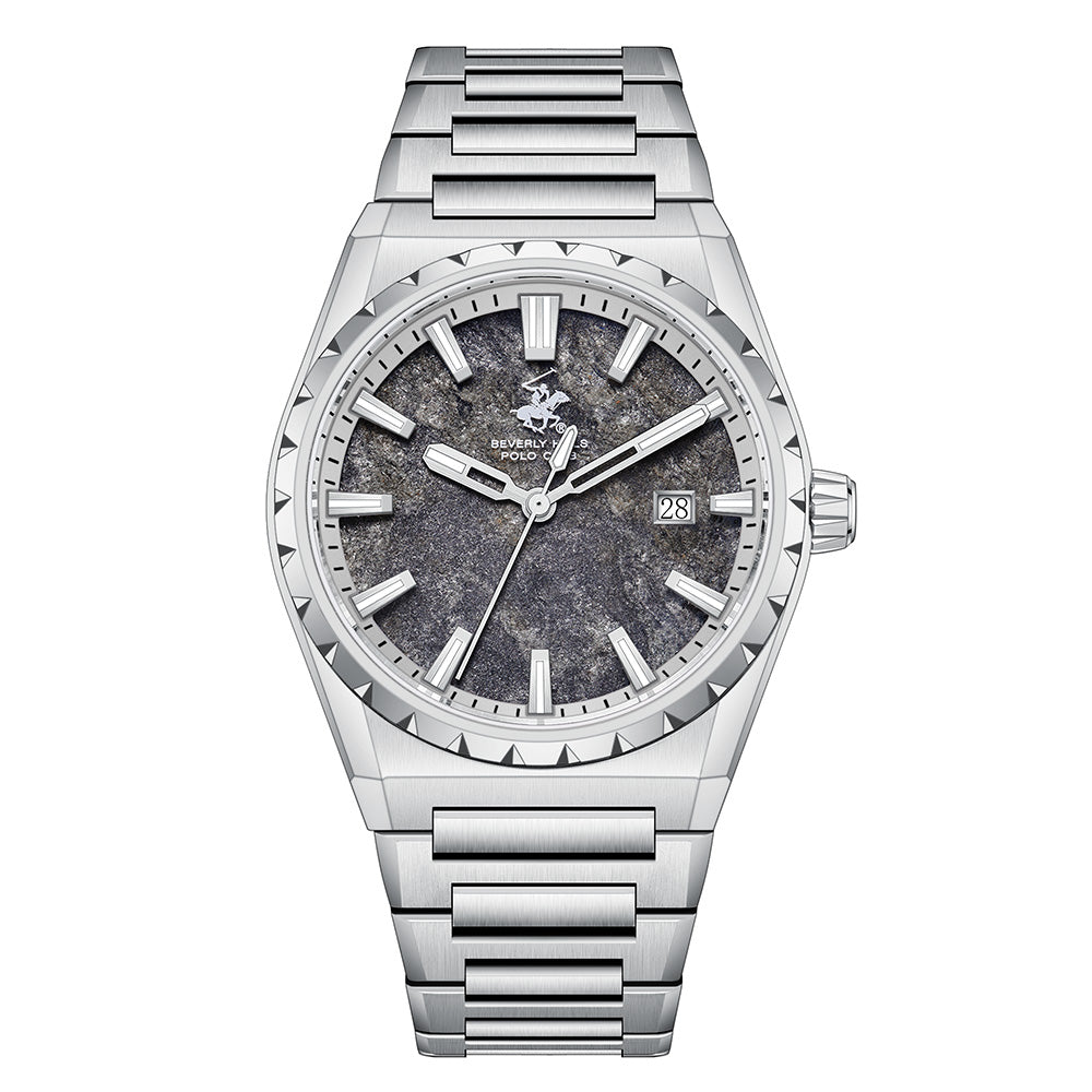 Beverly Hills Polo Club Men's Date Analog Watch with Silver Dial and Silver Stainless Steel Band, BP3918X.350