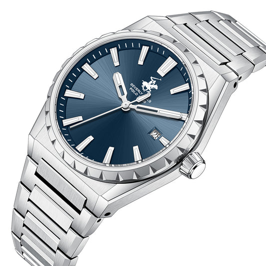 Beverly Hills Polo Club Men's Date Analog Watch with Dark Blue Dial and Silver Stainless Steel Band, BP3918X.390