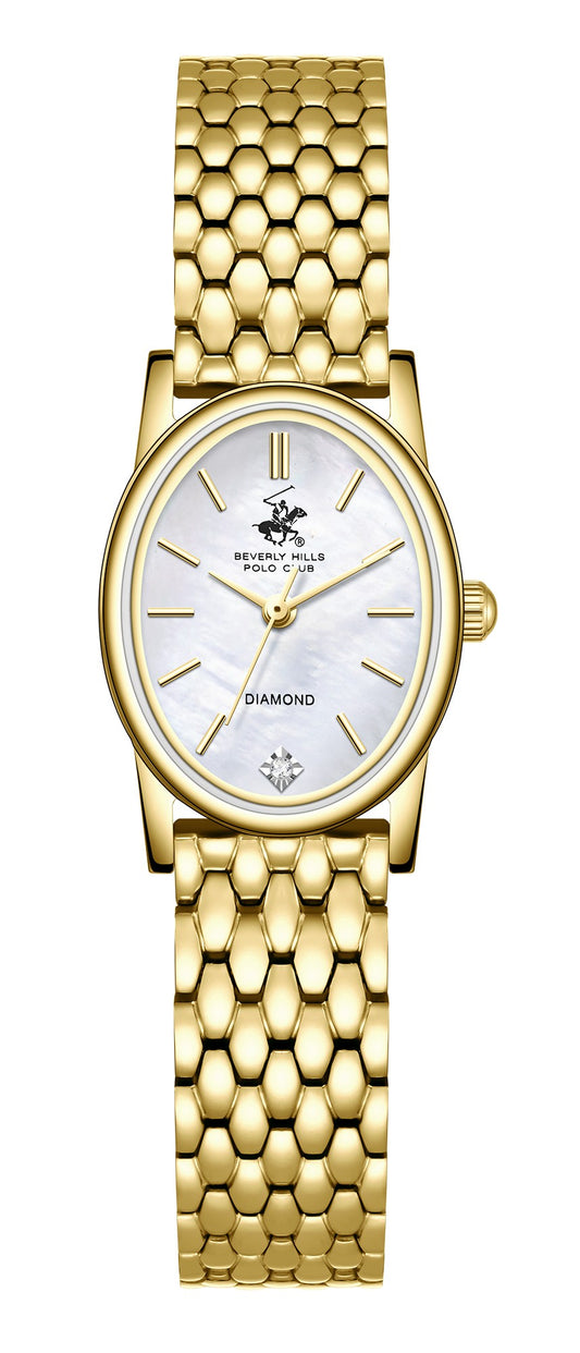 Beverly Hills Polo Club Women's Diamond Accent Analog Watch with White Mother of Pearl Dial and Gold Stainless Steel Band, BP3926X.120
