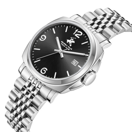 Beverly Hills Polo Club Men's Date Analog Watch with Gunmetal Black Dial and Silver Stainless Steel Band, BP3928X.350