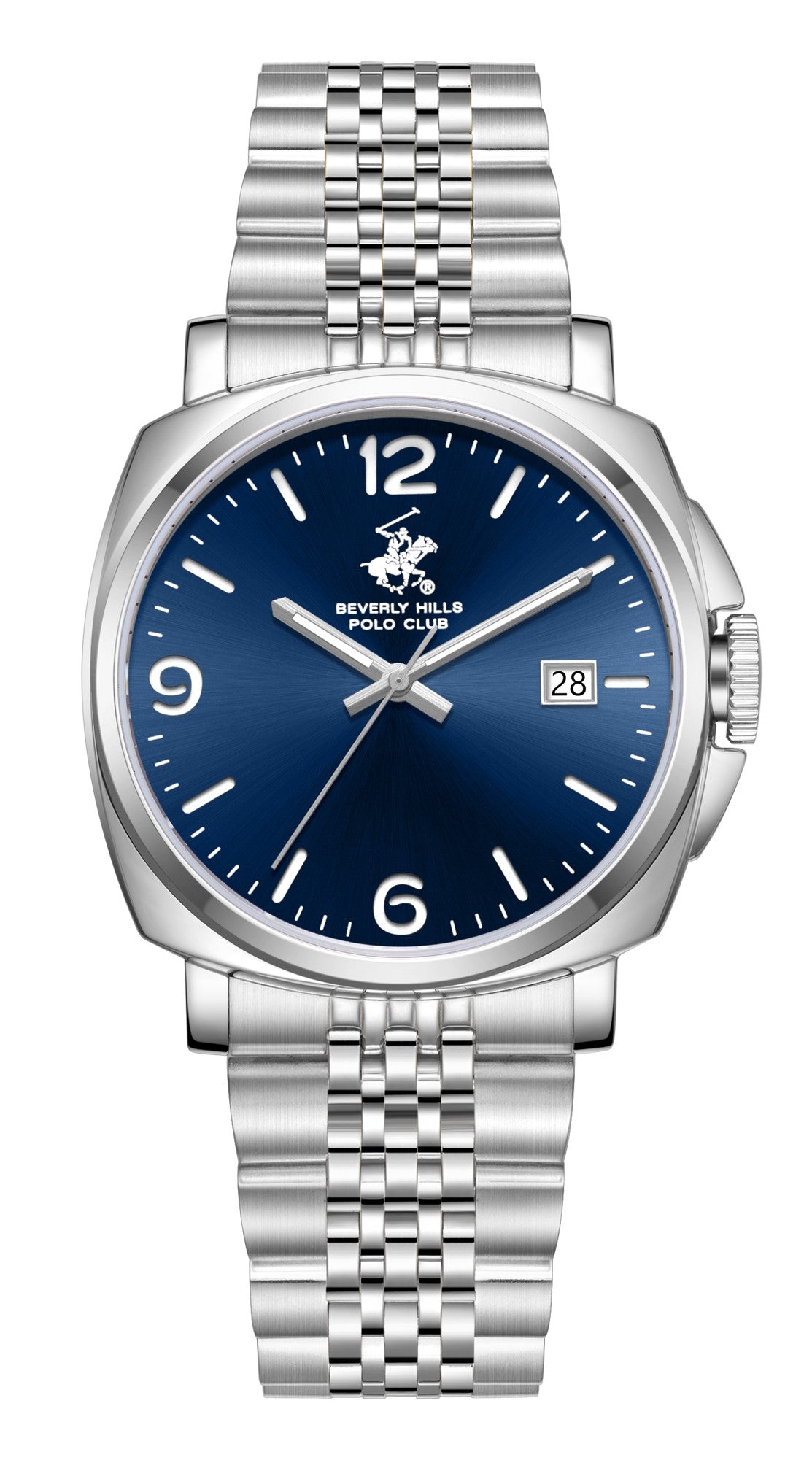 Beverly Hills Polo Club Men's Date Analog Watch with Dark Blue Dial and Silver Stainless Steel Band, BP3928X.390