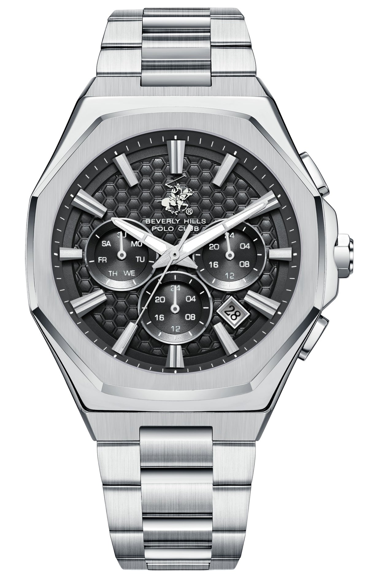 Beverly Hills Polo Club Men's Multifunction Watch with Black Dial and Silver Stainless Steel Band, BP3930X.350