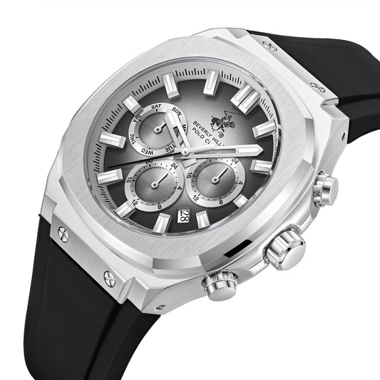 Beverly Hills Polo Club Men's Multifunction Watch with Silver to Black Dial and Black Silicone Band, BP3933X.331