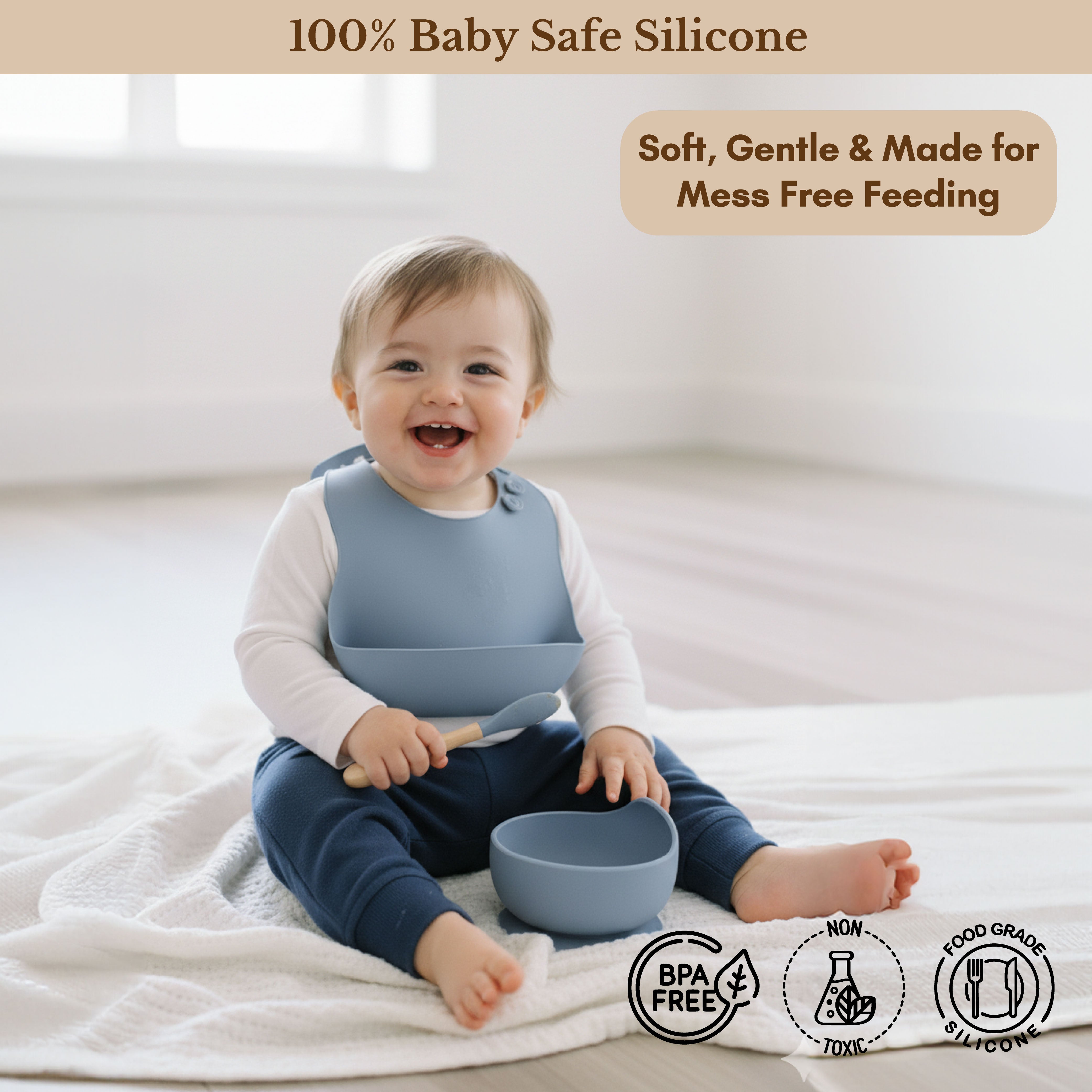 Milk It Baby Berry Blue Bib & Bowl Set, 100% Food Grade Silicone Set, MI-BBBB002