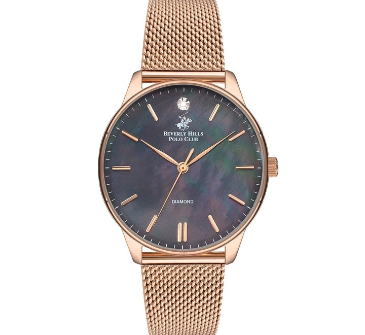 Beverly Hills Polo Club Women's Watch, Analog, Black Dial, Rose Gold Stainless Steel Strap, BP3231X.450