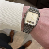 Casio Vintage Unisex Watch Analog-Digital Beige Dial With Metallic Grey Stainless Steel Band, AQ-230GG-9ADF