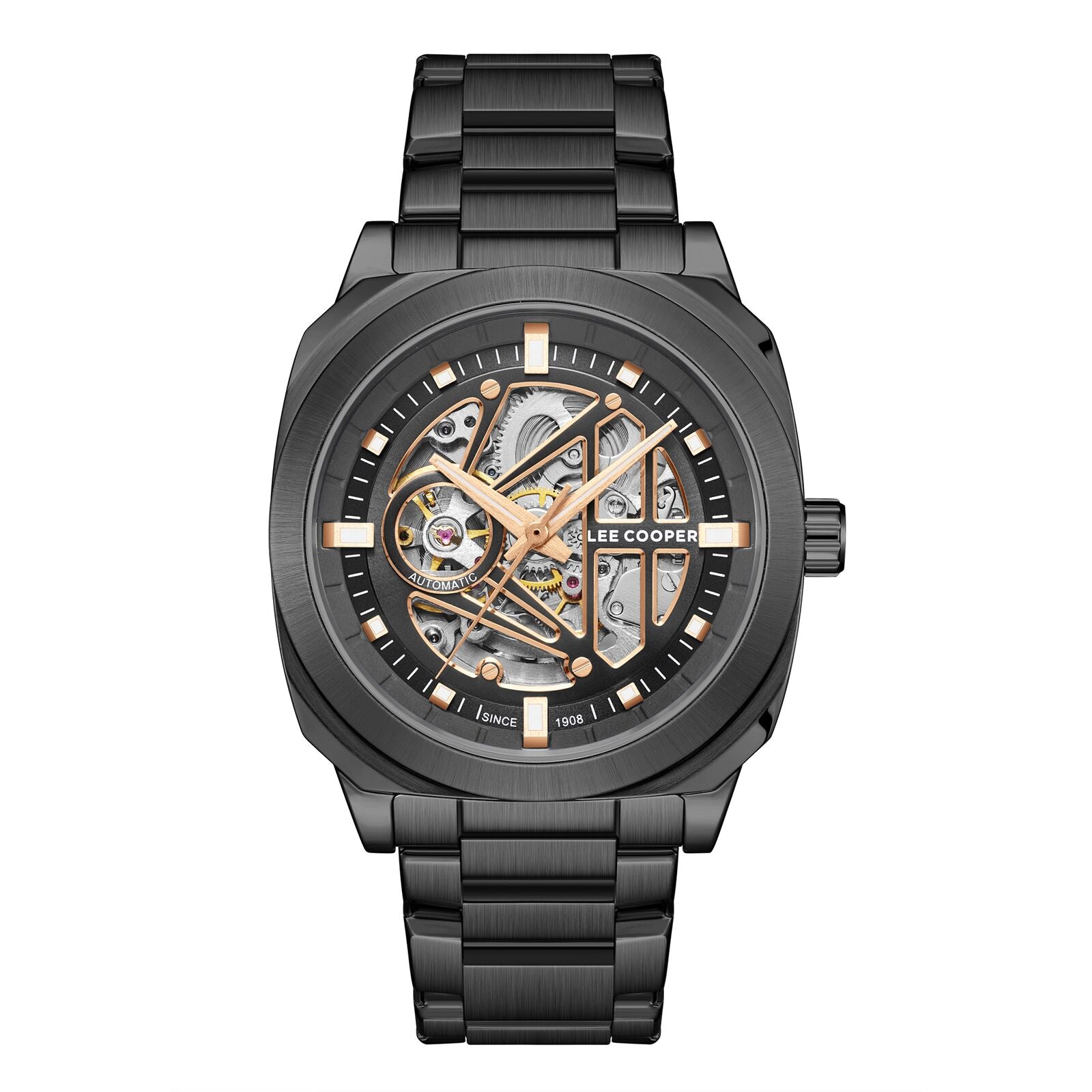 Lee Cooper Men's Automatic Watch Analog Black Dial with Black Stainless Steel Band, LC08075.060