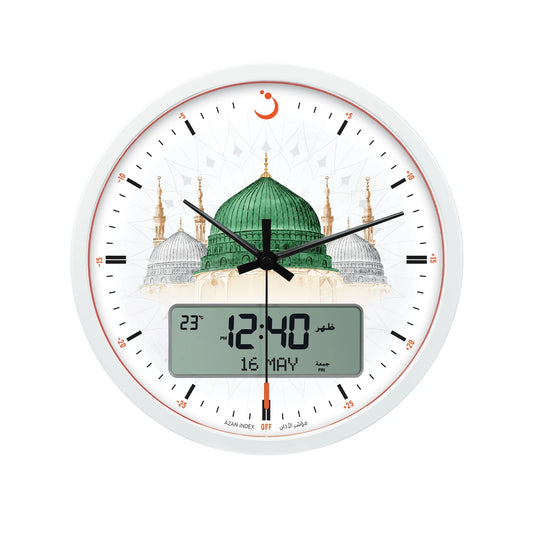 Alfajr Islamic Prayer Wall Clock Ana-Digital White With Azan And Prayer Times, CR-23MADINAH authentic Alfajr CR-23MADINAH Islamic prayer product in Bahrain