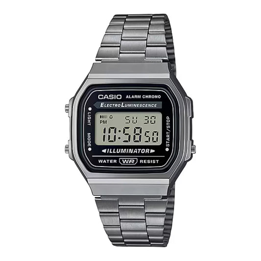 Casio Men's Watch Vintage Collection Digital, Black Dial Grey Stainless Steel Strap, A168WGG-1ADF