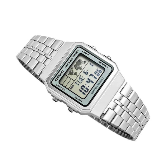 Casio Men's Watch Vintage Collection Digital, Silver Dial Silver Stainless Steel Strap, A500WA-7DF