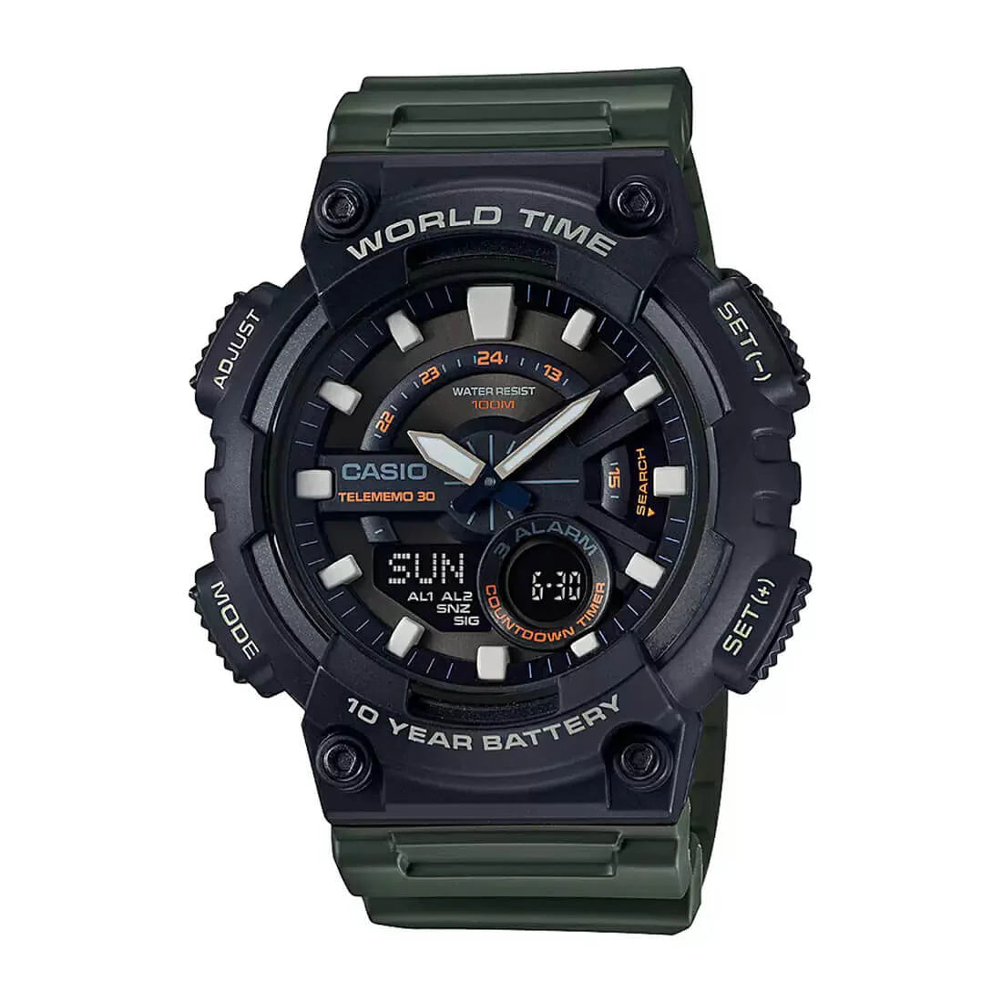 Casio Men's Watch Analog & Digital Combo, Black Dial Green Resin Strap, AEQ-110W-3AVDF product image