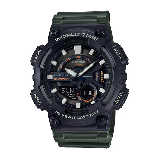 Casio Men's Watch Analog & Digital Combo, Black Dial Green Resin Strap, AEQ-110W-3AVDF product image