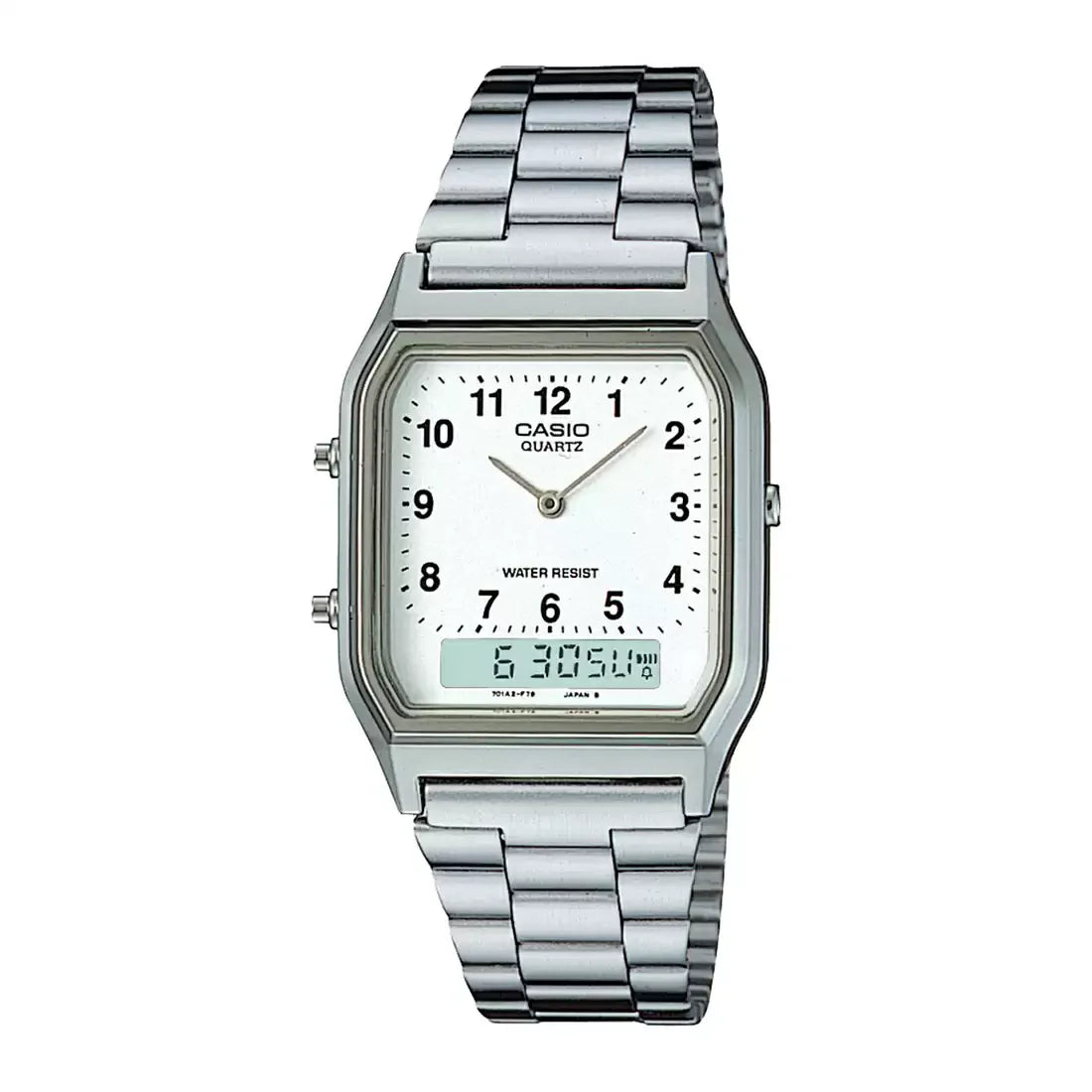 Casio Men's Watch Analog & Digital Combo, White Dial Silver Stainless Steel Strap, AQ-230A-7BMQD