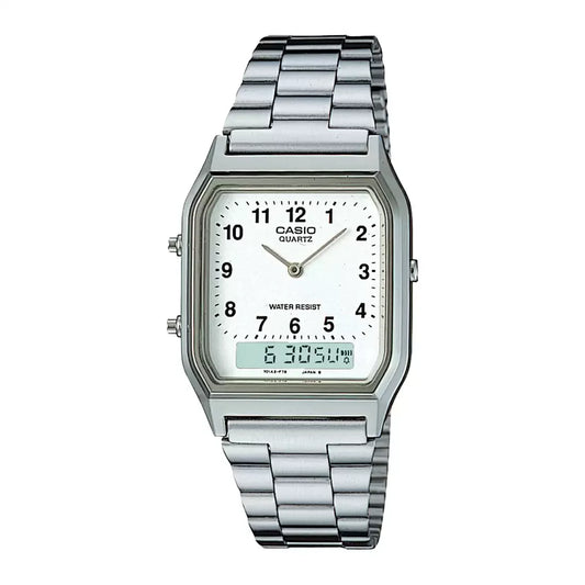 Casio Men's Watch Analog & Digital Combo, White Dial Silver Stainless Steel Strap, AQ-230A-7BMQD