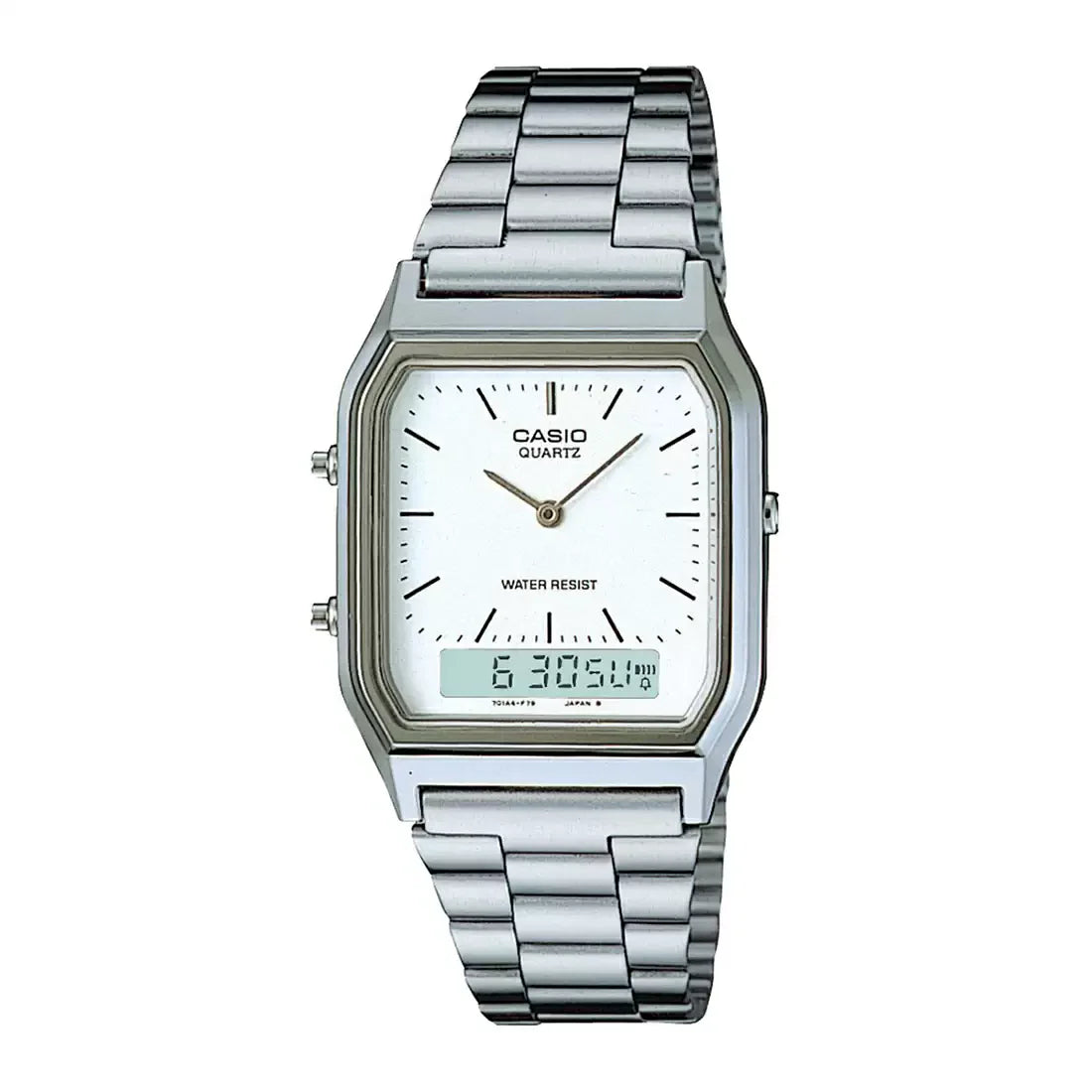 Casio Vintage Unisex Watch Analog-Digital White Dial With Silver Stainless Steel Band, AQ-230A-7DMQD