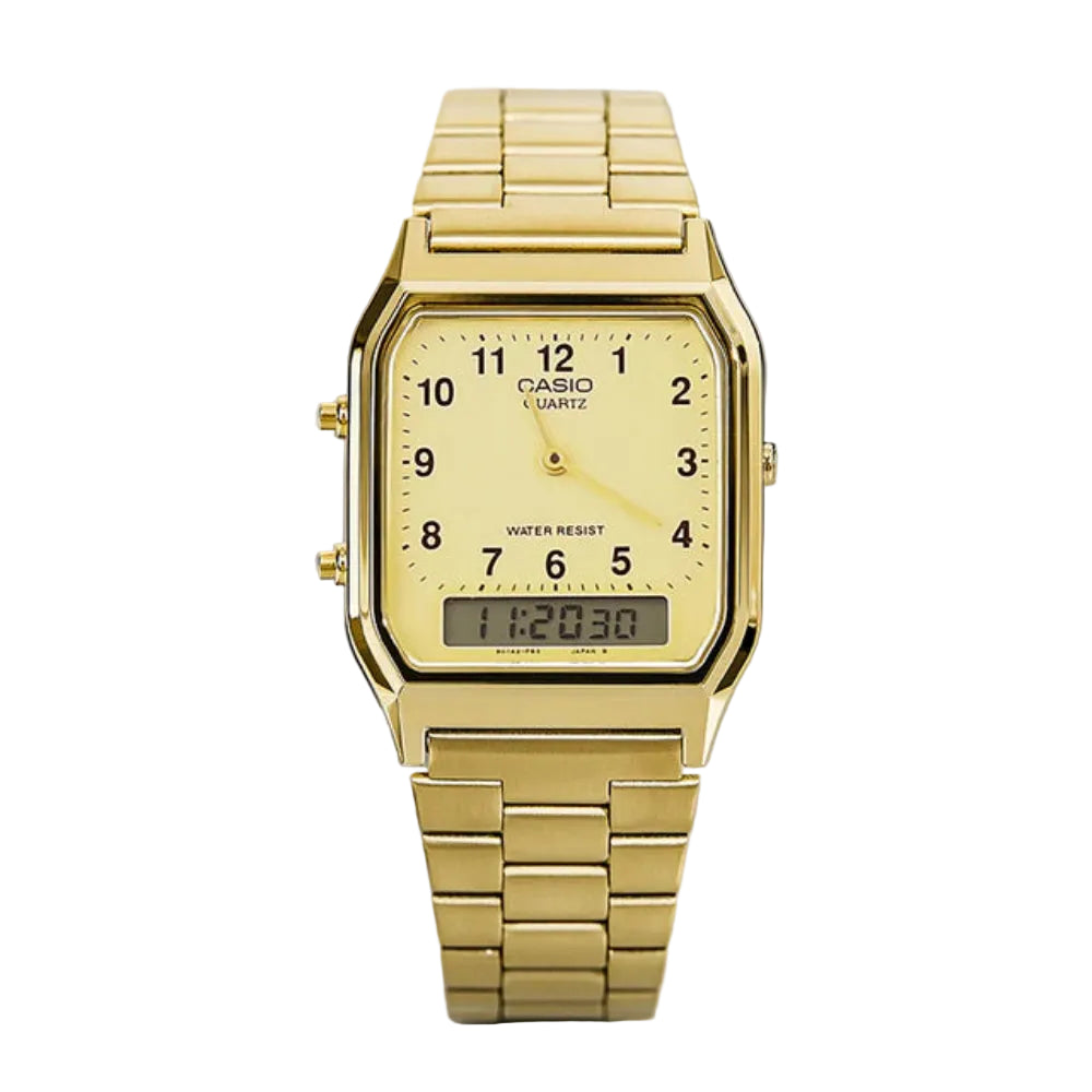 Casio Men's Watch Analog & Digital Combo, Gold Dial Gold Stainless Steel Strap, AQ-230GA-9BMQD