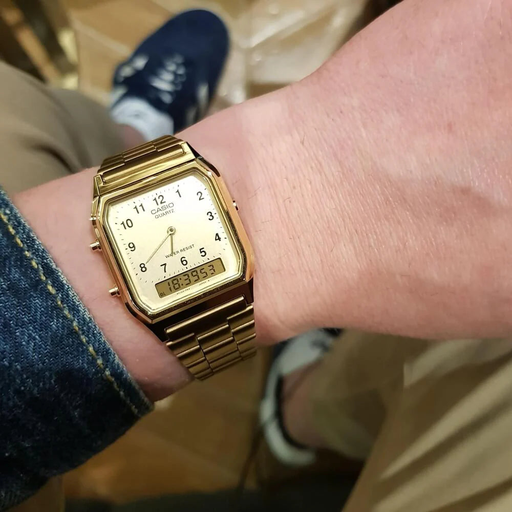 Casio Men's Watch Analog & Digital Combo, Gold Dial Gold Stainless Steel Strap, AQ-230GA-9BMQD