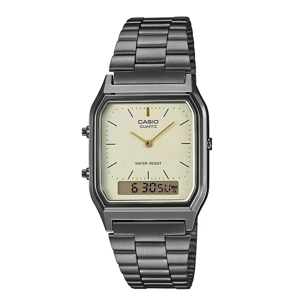 Casio Vintage Unisex Watch Analog-Digital Beige Dial With Metallic Grey Stainless Steel Band, AQ-230GG-9ADF