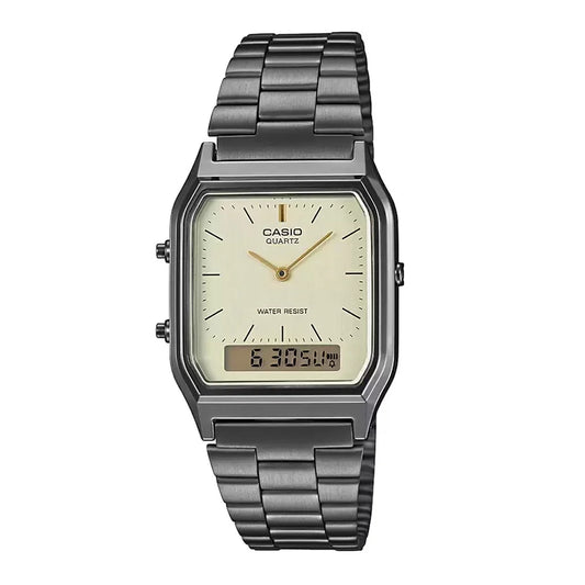 Casio Vintage Unisex Watch Analog-Digital Beige Dial With Metallic Grey Stainless Steel Band, AQ-230GG-9ADF