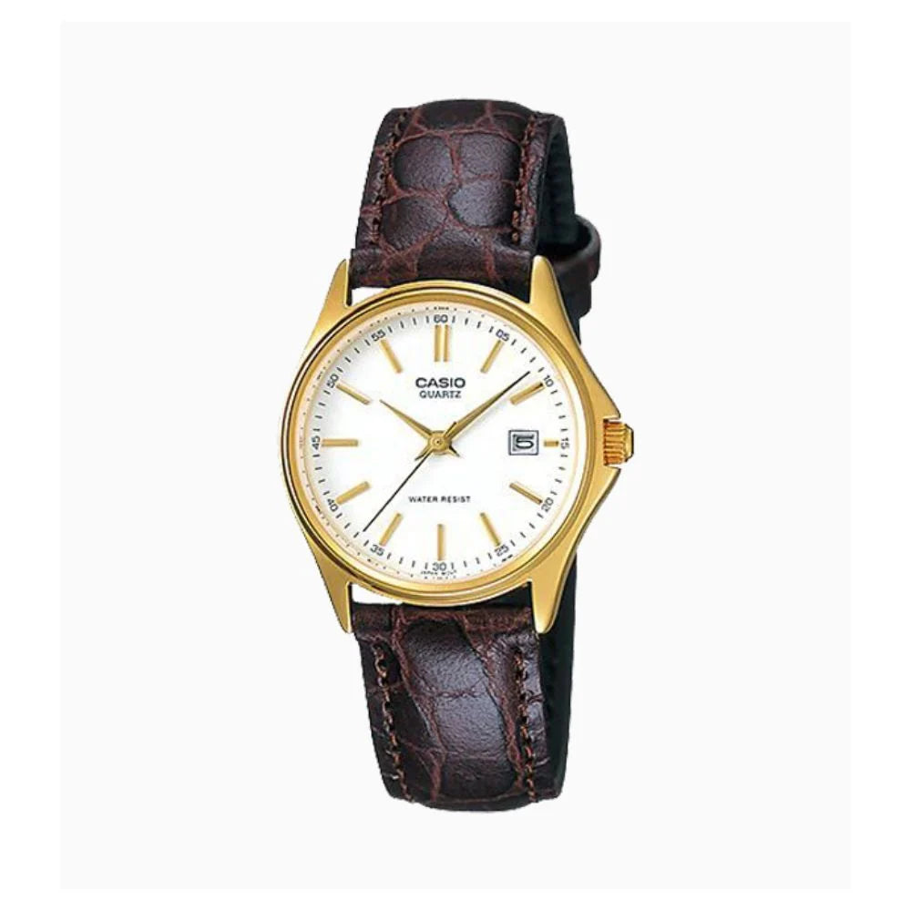 Casio Women's Watch Analog, White Dial Brown Leather Strap, LTP-1183Q-7ADF