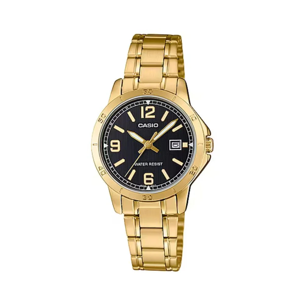 Casio Women's Watch Analog, Black Dial Gold Stainless Steel Strap, LTP-V004G-1BUDF