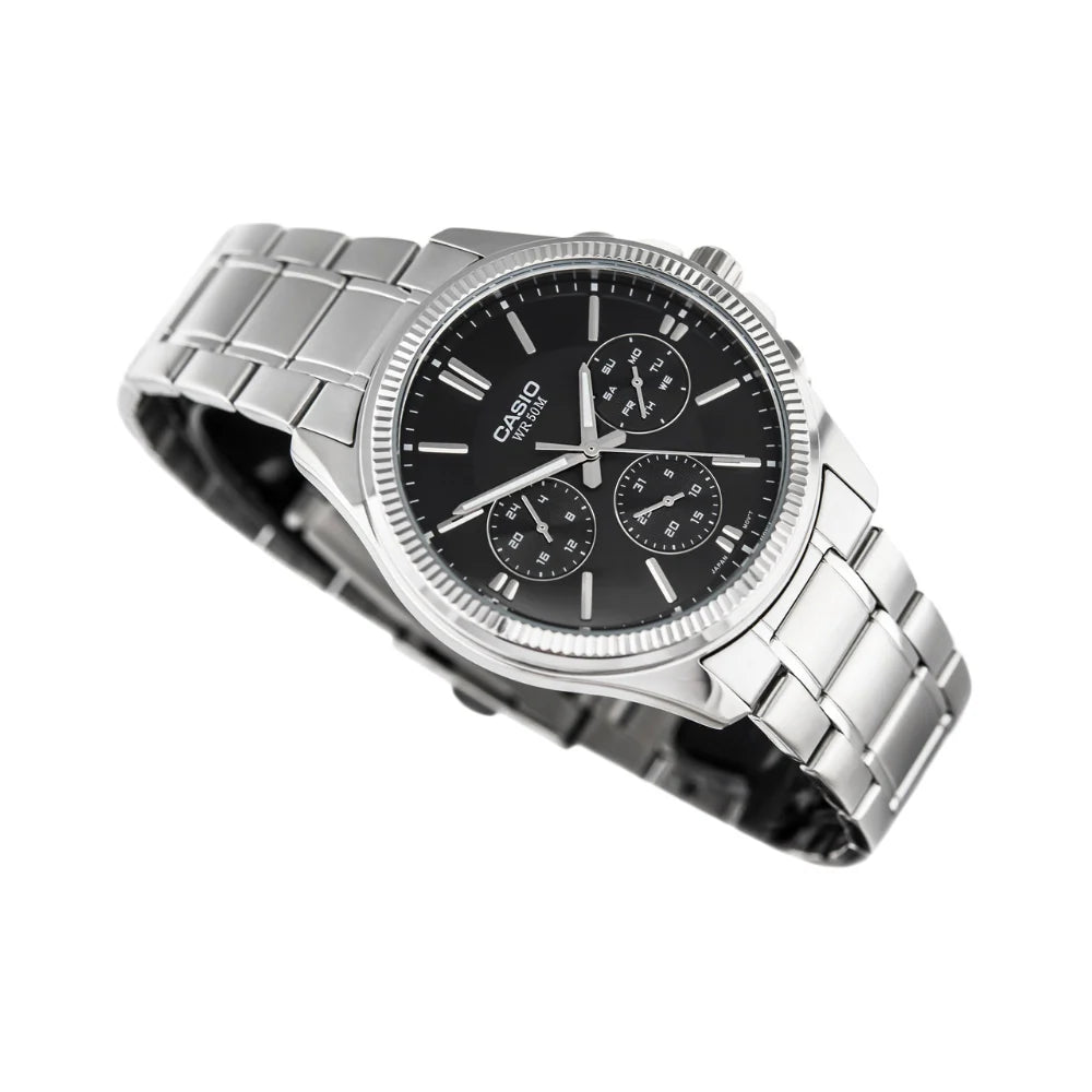 Casio Men's Watch Analog, Black Dial Silver Stainless Steel Strap, MTP-1375D-1AVDF