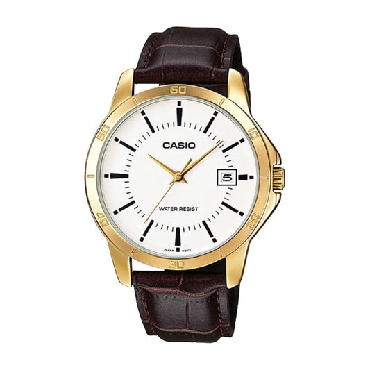 Casio Men's Watch Analog, White Dial Brown Leather Strap, MTP-V004GL-7AUD