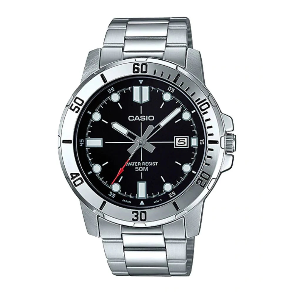 Casio Men's Watch Analog, Black Dial Silver Stainless Steel Strap, MTP-VD01D-1EVUDF