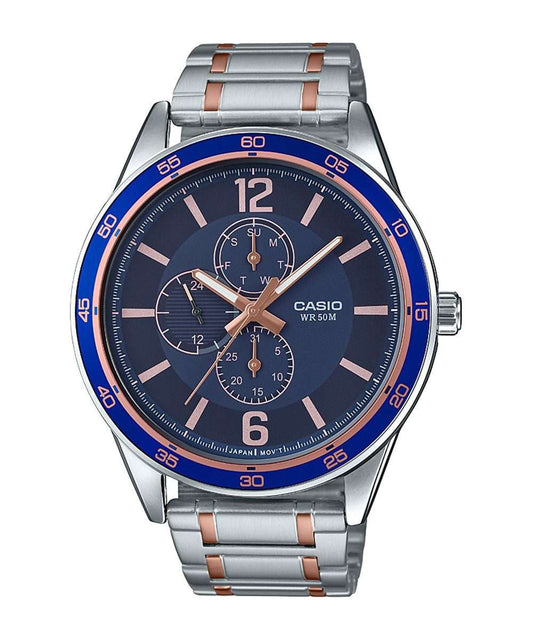 Casio men analog watch, blue dial with comfortable strap, model CS-MTP-E319RG-2BVD, Bahrain