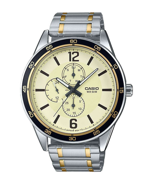 Casio men analog watch, beige dial with comfortable strap, model CS-MTP-E319SG-9BVD, Bahrain