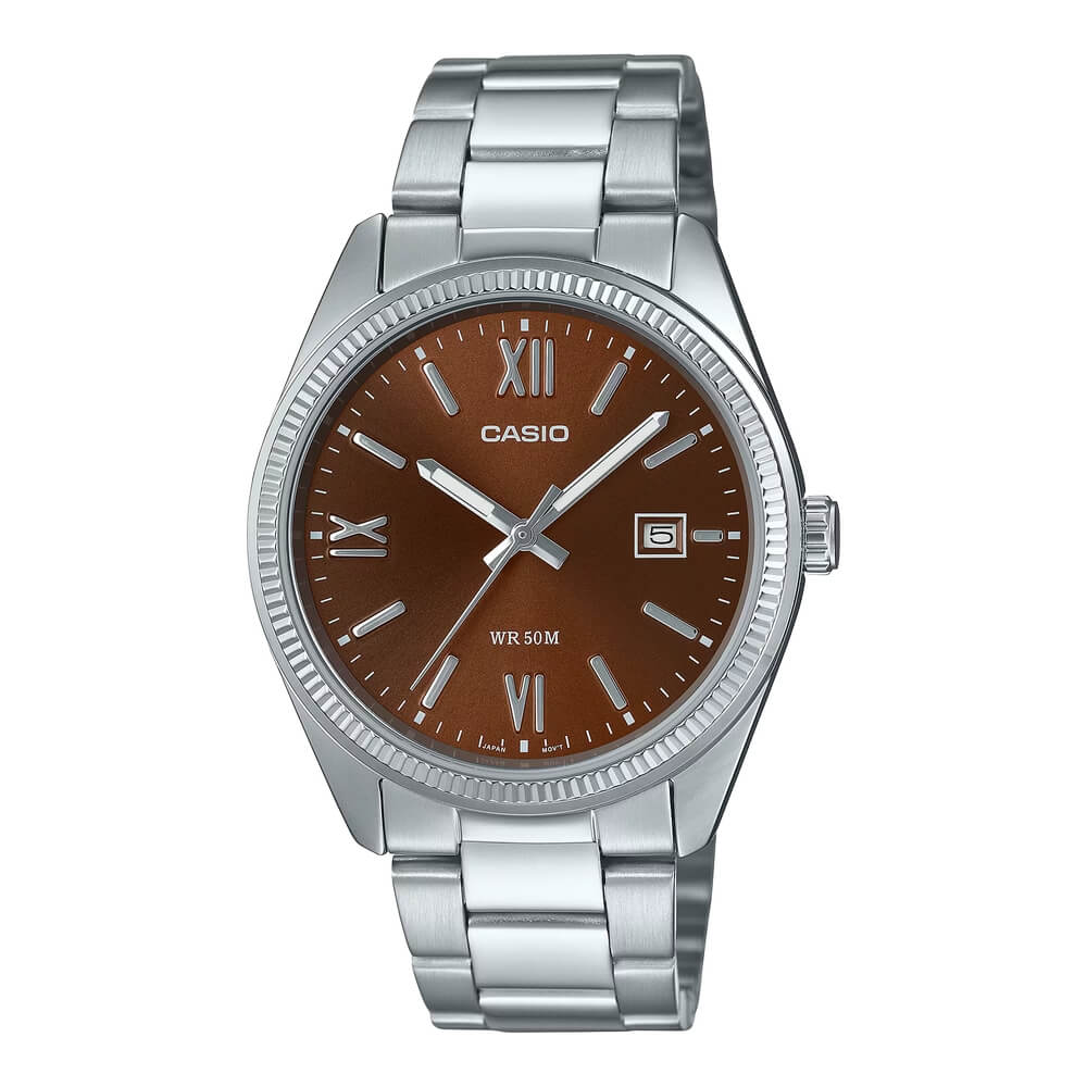 Casio Men's Watch Analog Maroon Dial With Silver Stainless Steel Band, MTP-1302DD-5AVDF