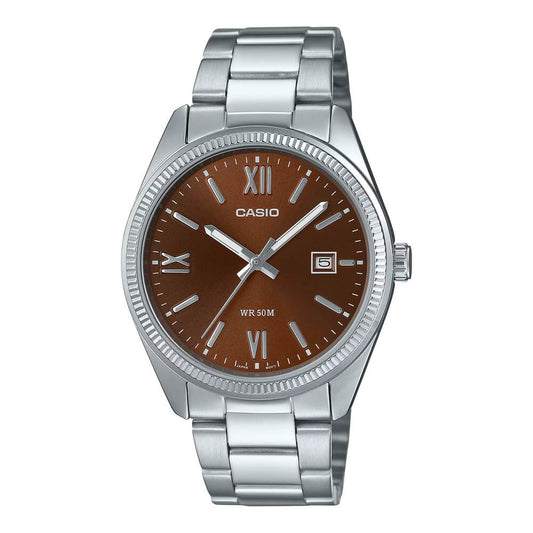 Casio Men's Watch Analog Maroon Dial With Silver Stainless Steel Band, MTP-1302DD-5AVDF
