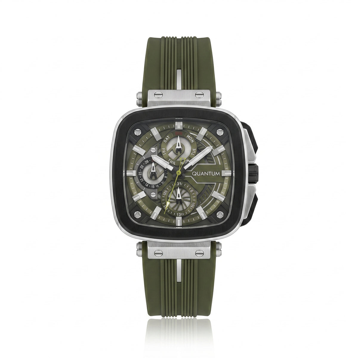 Quantum Men's Multifunction Watch Black Dial Dark Green Silicone Band, PWG1014.355