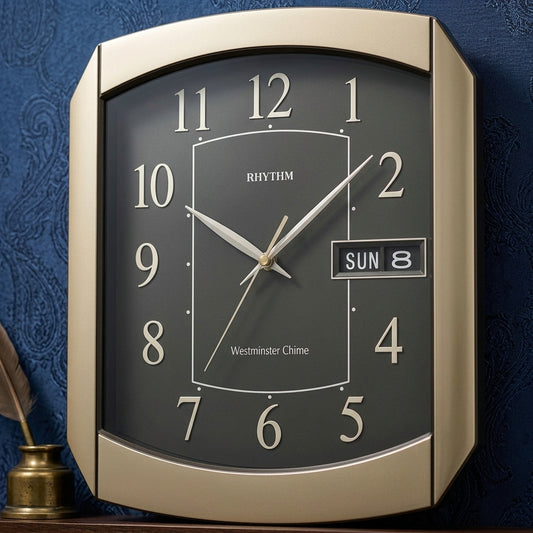 Rhythm Value Added Wall Clock | Westminster Chime & Strike, Day-Date Calendar | Gold, CFH102NR18