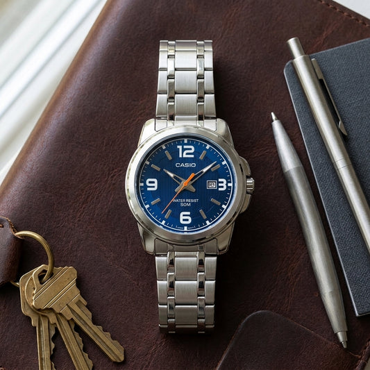 Casio Men's Watch Analog, Blue Dial Silver Stainless Steel Strap, MTP-1314D-2AVDF