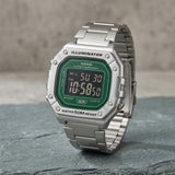 Casio Men's Digital Watch Green Dial with Silver Stainless Steel Band, W-218HD-3AVDF